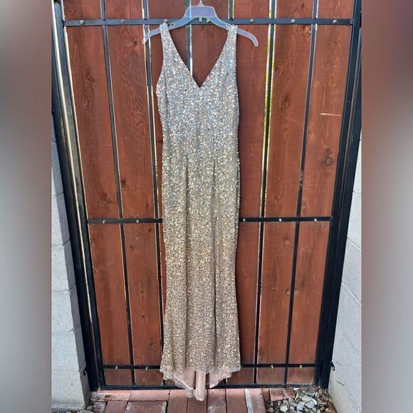 Mac Duggal sequined high slit evening gown shimmering gold size 8 NWT - Picture 2 of 11